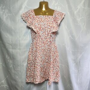 Old Navy Mini Flutter-Sleeve Dress SZ M White Floral Pattern Pockets Square Neck